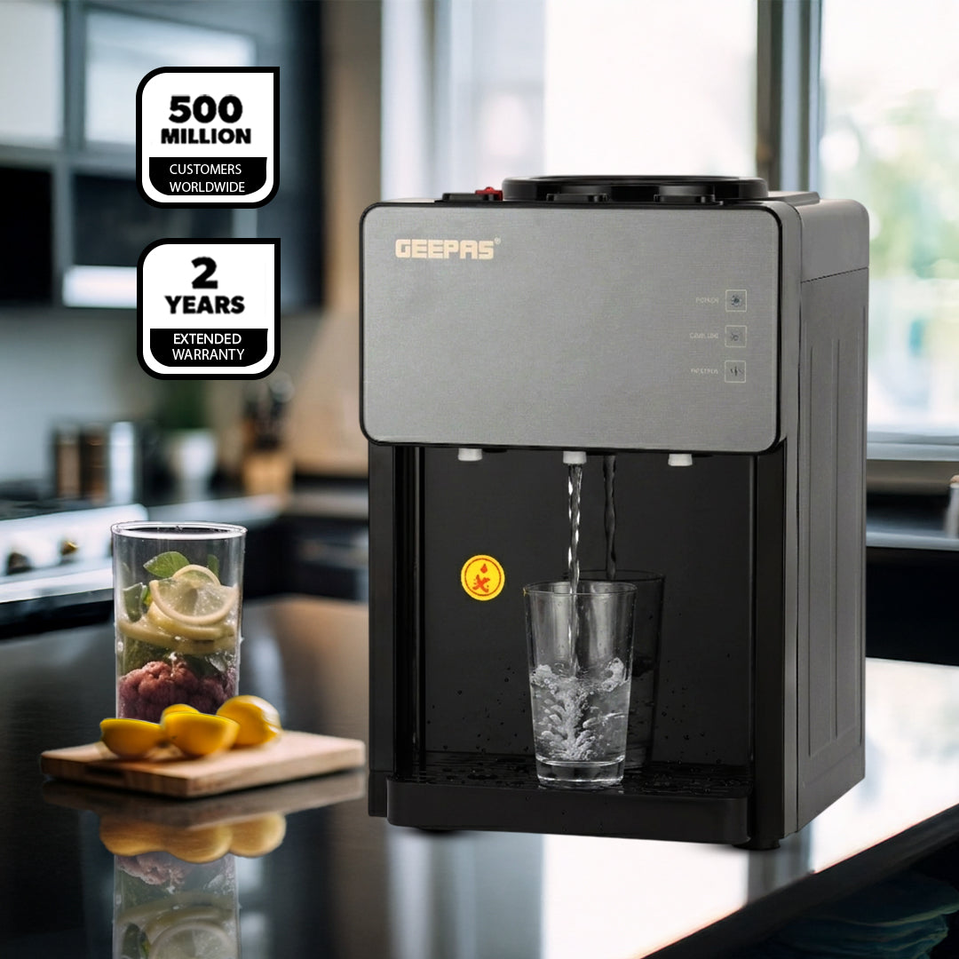 Geepas GWD17044 Tabletop Water Dispenser|Hot, Cold & Normal Water |3-Tap Design| Child Safety Lock|SUS304 Stainless Steel Tank & Dry Heating Protection for Home & Office