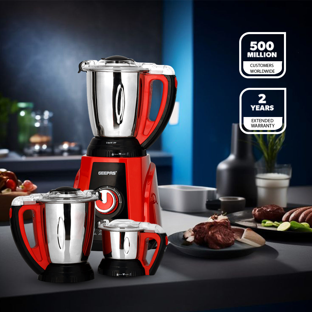 Geepas 3-in-1 Mixer Grinder GSB44040 | 750W Copper Motor, 3 Speed + Pulse Function | 1.5L Blending Jar |  1.5L Grinder Jar & 0.5L Chutney Jar | Wet & Dry Grinding