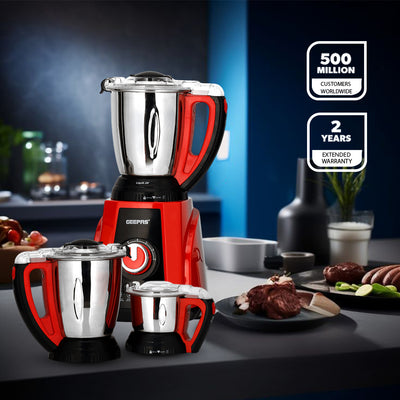 Geepas 3-in-1 Mixer Grinder GSB44040 | 750W Copper Motor, 3 Speed + Pulse Function | 1.5L Blending Jar |  1.5L Grinder Jar & 0.5L Chutney Jar | Wet & Dry Grinding