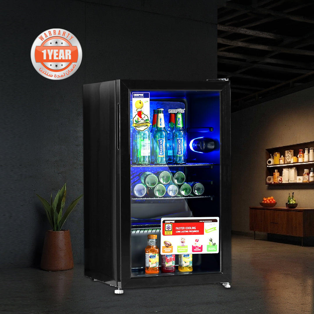 Geepas GSC1223  Showcase Chiller | Single Door Display Fridge | Low Noise, Quick Cooling | LED Light | Black Finish | Energy Efficient Beverage Cooler | 1 Year Warranty