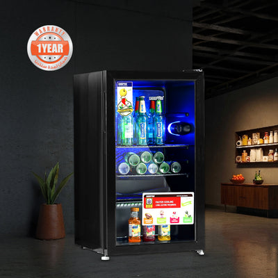 Geepas GSC1223  Showcase Chiller | Single Door Display Fridge | Low Noise, Quick Cooling | LED Light | Black Finish | Energy Efficient Beverage Cooler | 1 Year Warranty