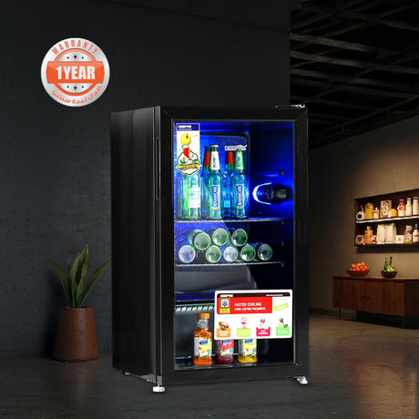 Geepas GSC1223  Showcase Chiller | Single Door Display Fridge | Low Noise, Quick Cooling | LED Light | Black Finish | Energy Efficient Beverage Cooler | 1 Year Warranty