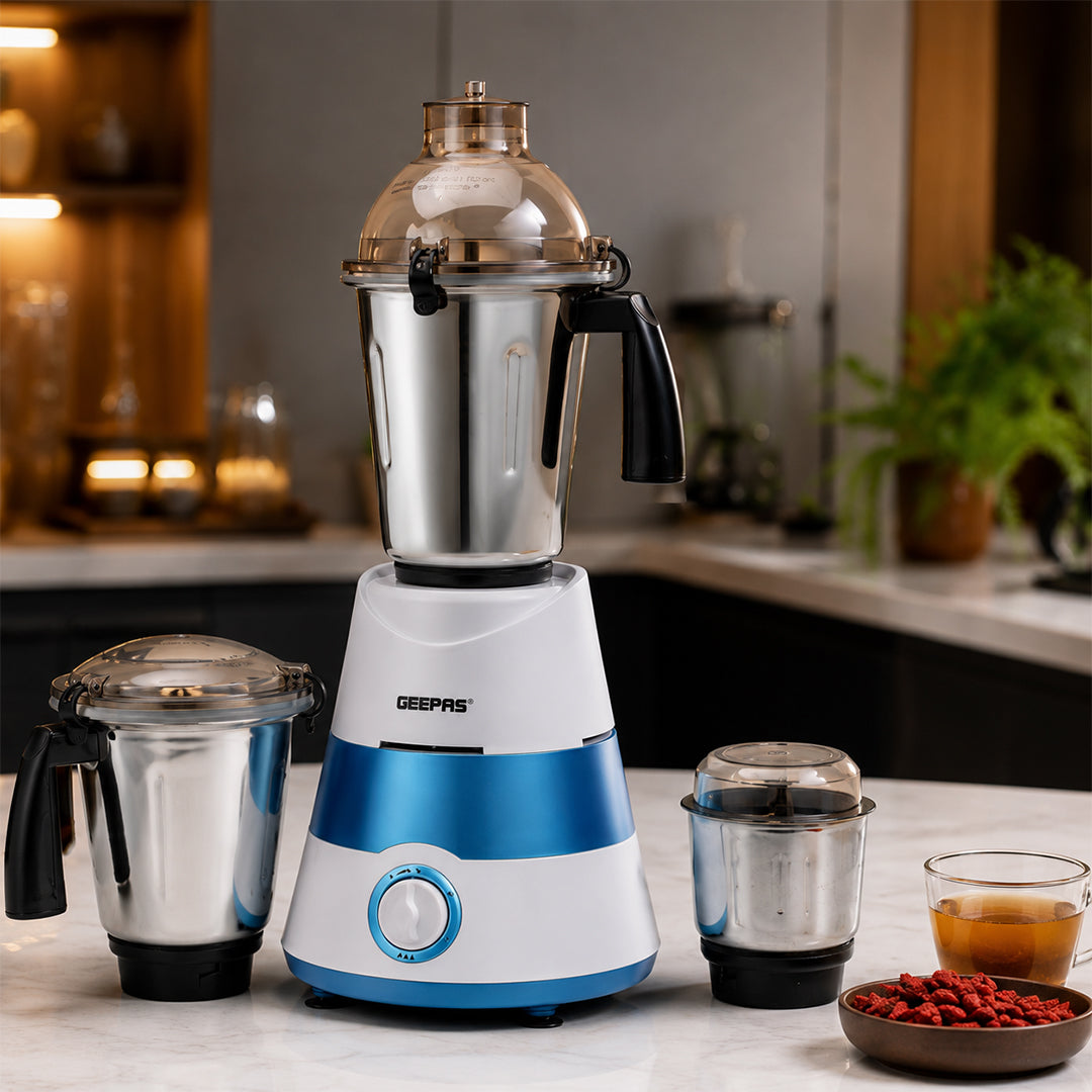 Geepas GSB44094 750W 3-in-1 Mixer Grinder | 1.5L Stainless Steel Jar Mixer | Stainless Steel Blades | Overload Protection  | Durable ABS Plastic Body |Stable Base Design