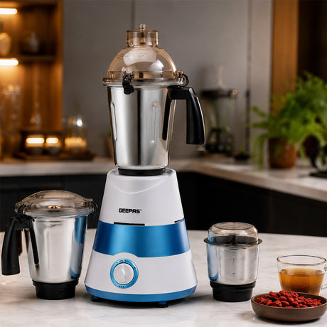 Geepas GSB44094 750W 3-in-1 Mixer Grinder | 1.5L Stainless Steel Jar Mixer | Stainless Steel Blades | Overload Protection  | Durable ABS Plastic Body |Stable Base Design