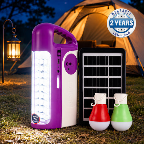 Geepas GE53035 Rechargeable LED Lantern with Solar Panel | 30 SMD LED Emergency Light | 2 LED Bulbs | USB Mobile Charging |Automatic Lighting During Power Failure