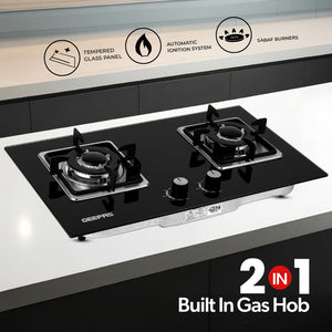 Geepas GGC31018 2-In-1 Built-In Gas Hob |  Premium Tempered Glass Panel |  Sabaf Burners |  Automatic Ignition System & Low Gas Consumption for Modern Kitchens