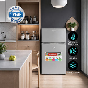 Geepas GRF1259GPE 125L Double Door Refrigerator |85L Net Capacity |double door design |High-performance tropical compressor |Adjustable thermostat |tempered glass shelves