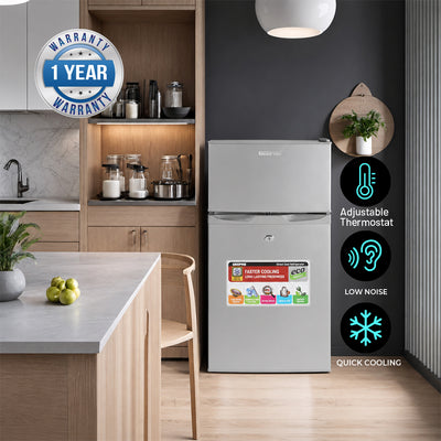 Geepas GRF1259GPE 125L Double Door Refrigerator |85L Net Capacity |double door design |High-performance tropical compressor |Adjustable thermostat |tempered glass shelves