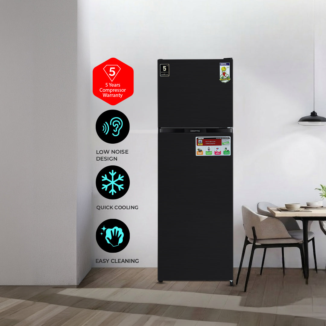 Geepas GRF3207SSXXN No Frost Double Door Refrigerator with Inverter Technology | Multi Air Flow  | Twist Ice Maker | Large Storage Capacity | Stainless Steel Finish