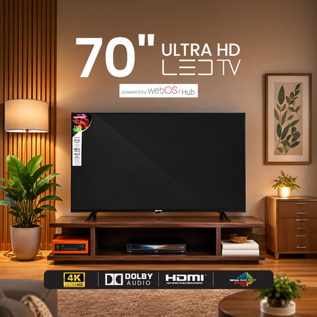 Geepas GLED7079SWUHD 70 Inch 4K Ultra HD Smart LED TV | webOS Hub| Dolby Audio| Netflix| YouTube| Prime Video| Apple AirPlay & Home | Wi-Fi, Bluetooth, 3 HDMI & 2 USB