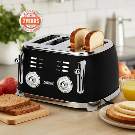 Geepas GBT36564UK-BK 4 Slice Toaster | Powerful 1500W Metal Body | 6 Browning Levels | Removable Crumb Tray | Defrost, Reheat & Cancel Functions with Cord Storage