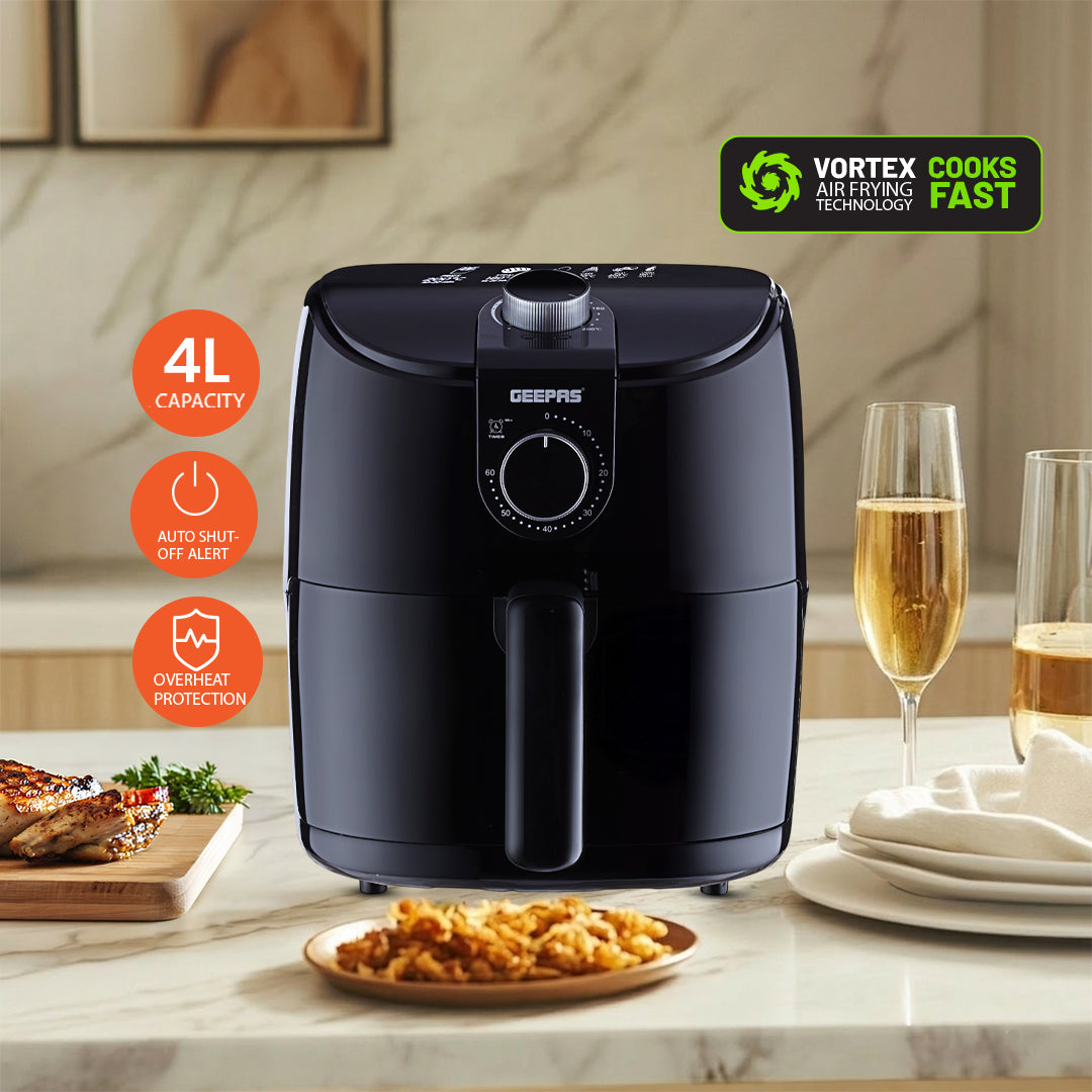 Geepas GAF37550 4 Litre Air Fryer | 1500W Vortex Rapid Air Technology for Faster Cooking| Less Oil Frying | Adjustable Temperature Control |  Family Size Air Fryer