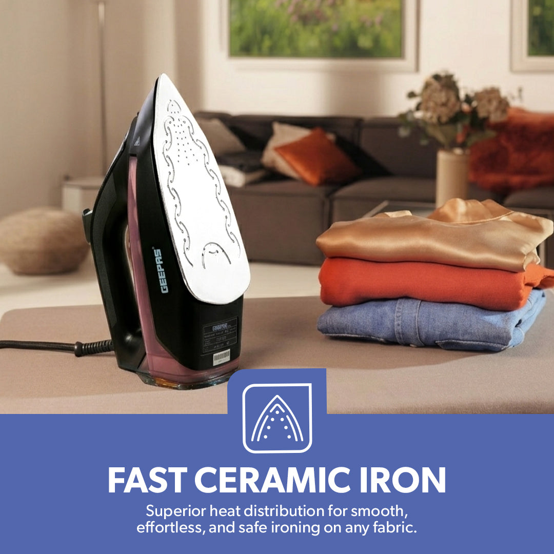 Geepas GSI24014UK 2400W Ceramic Steam Iron | Ceramic Soleplate |  Steam Burst & Self-Clean Function | Adjustable Temperature Control | Safe & Reliable Operation