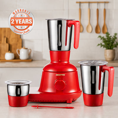 Geepas GSB44086 750W 3-in-1 Mixer Grinder | 3 Stainless Steel Jars & Copper Motor | Sharp Stainless Steel Blades | 3-Speed Control with Pulse Function | ABS Plastic Body
