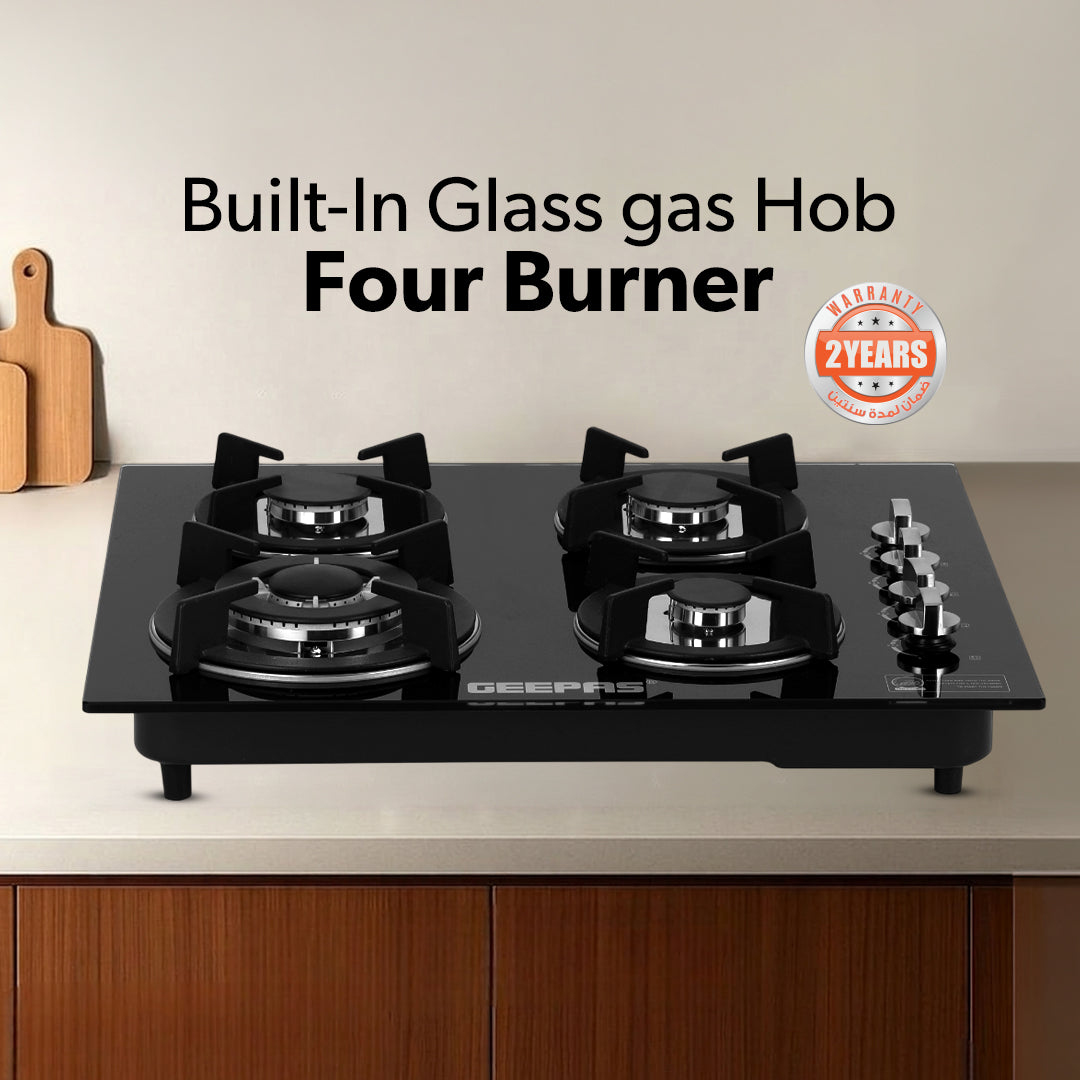 Geepas GGC31050FFD Built-in Glass Gas Hob | 4  Burners | Auto Ignition System | Flame Failure Safety Device (FFD) | Durable Design | Energy Efficient | 2 Years Warranty