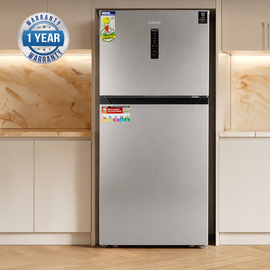 Geepas GRF5109SXHN 500L No Frost Double Door Refrigerator | 420L Net Capacity | Inverter Compressor Technology | Multi Air Flow Cooling |Digital LED Touch Control Panel