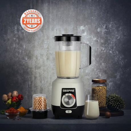 Geepas 2-in-1 Blender- GSB44027T/ 600 W, Powerful Motor with 2 Speed Setting and Pulse/ Transparent Jars with Stainless Steel Blade, Grinder Attachment White and Black
