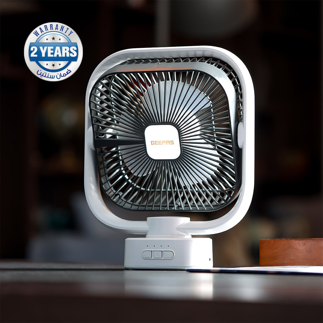 Geepas GF21122 8-Inch Oscillating LED Table Fan | Rechargeable AC/DC Function| 2x1500mAh Lithium Battery| Two-Level LED Light| 9 Hours Working Time| 2 Years Warranty