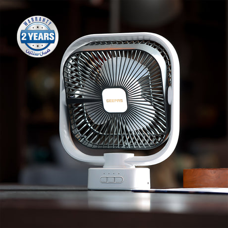 Geepas GF21122 8-Inch Oscillating LED Table Fan | Rechargeable AC/DC Function| 2x1500mAh Lithium Battery| Two-Level LED Light| 9 Hours Working Time| 2 Years Warranty