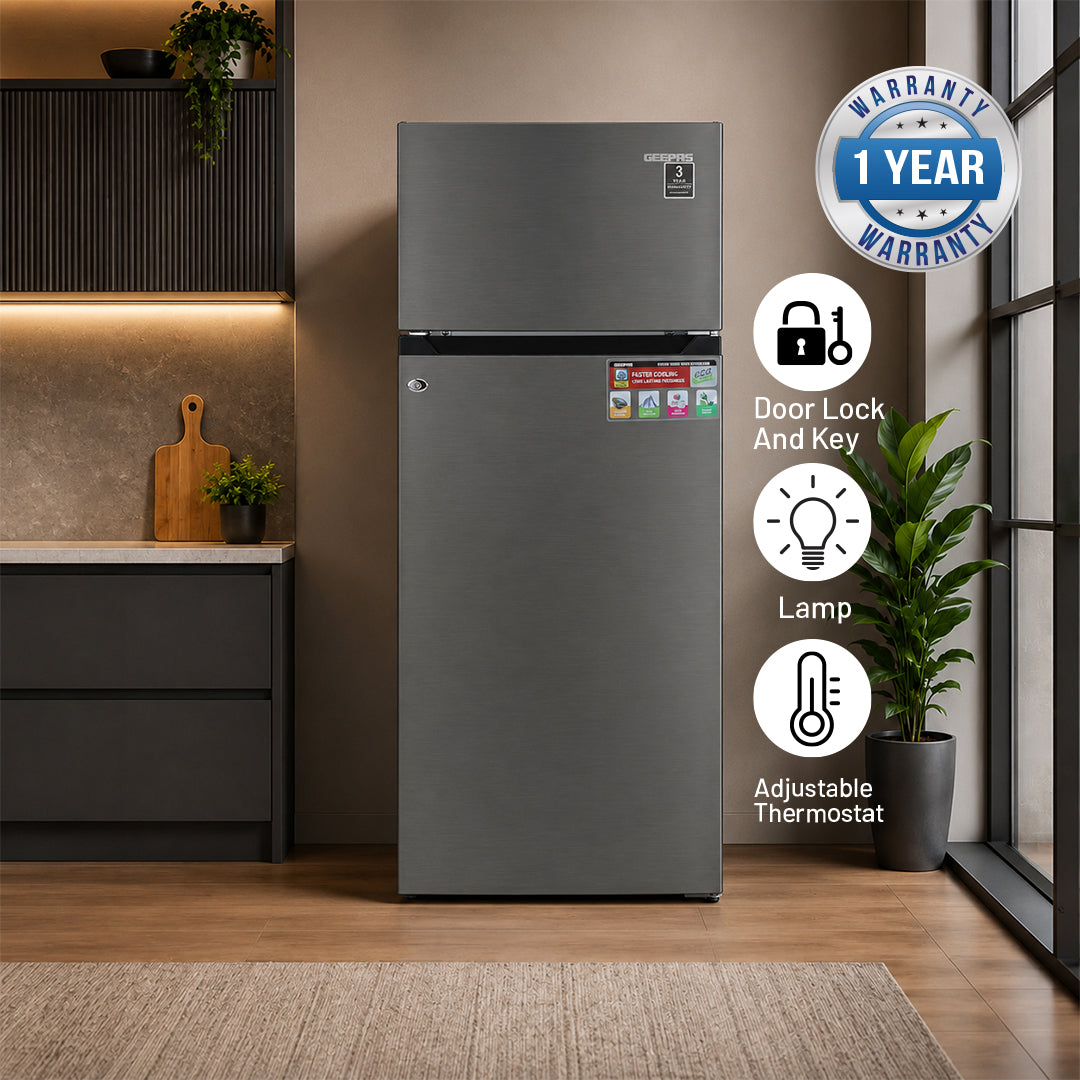 Geepas GRF2400SXE 240L Double Door Defrost Refrigerator | 205L Net Capacity | tropical compressor | Adjustable thermostat |3 durable tempered glass shelves |interior lamp