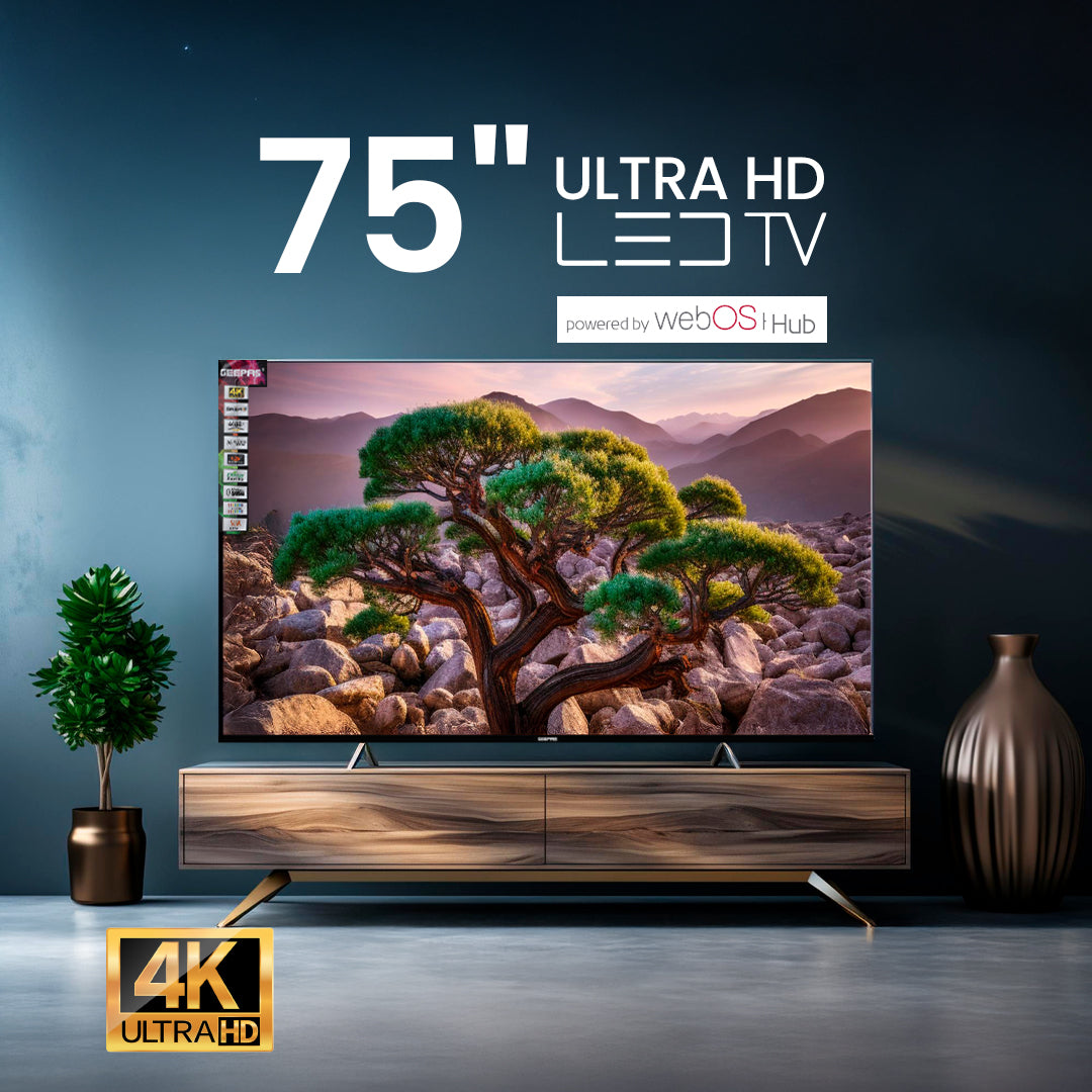 Geepas GLED7580SWUHD 75” 4K Ultra HD LED Smart TV |  WebOS Hub | Apple AirPlay | Frameless Design | MEMC Technology | 3 HDMI, 2 USB, Magic Air Mouse & Smart Apps