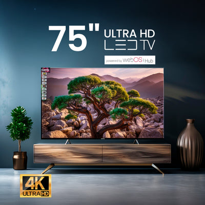 Geepas GLED7580SWUHD 75” 4K Ultra HD LED Smart TV |  WebOS Hub | Apple AirPlay | Frameless Design | MEMC Technology | 3 HDMI, 2 USB, Magic Air Mouse & Smart Apps