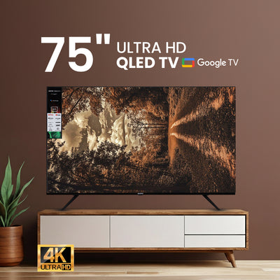 Geepas GLED7535GTQLD 75” 4K Ultra HD QLED Smart TV |  Google TV |  Dolby Audio & HDR |  Built-in Chromecast |  Voice Remote |  3 HDMI, 2 USB,  WiFi  &  Bluetooth