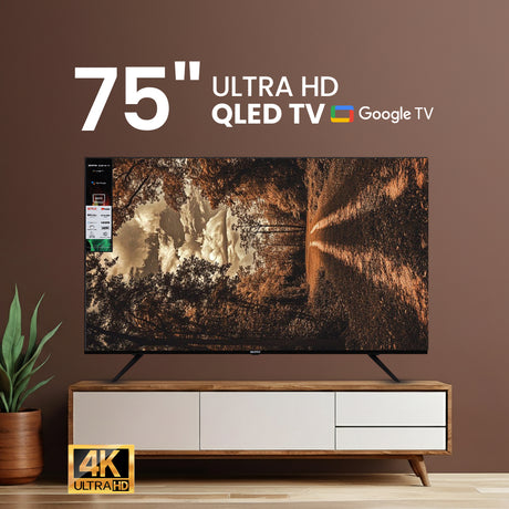 Geepas GLED7535GTQLD 75” 4K Ultra HD QLED Smart TV |  Google TV |  Dolby Audio & HDR |  Built-in Chromecast |  Voice Remote |  3 HDMI, 2 USB,  WiFi  &  Bluetooth