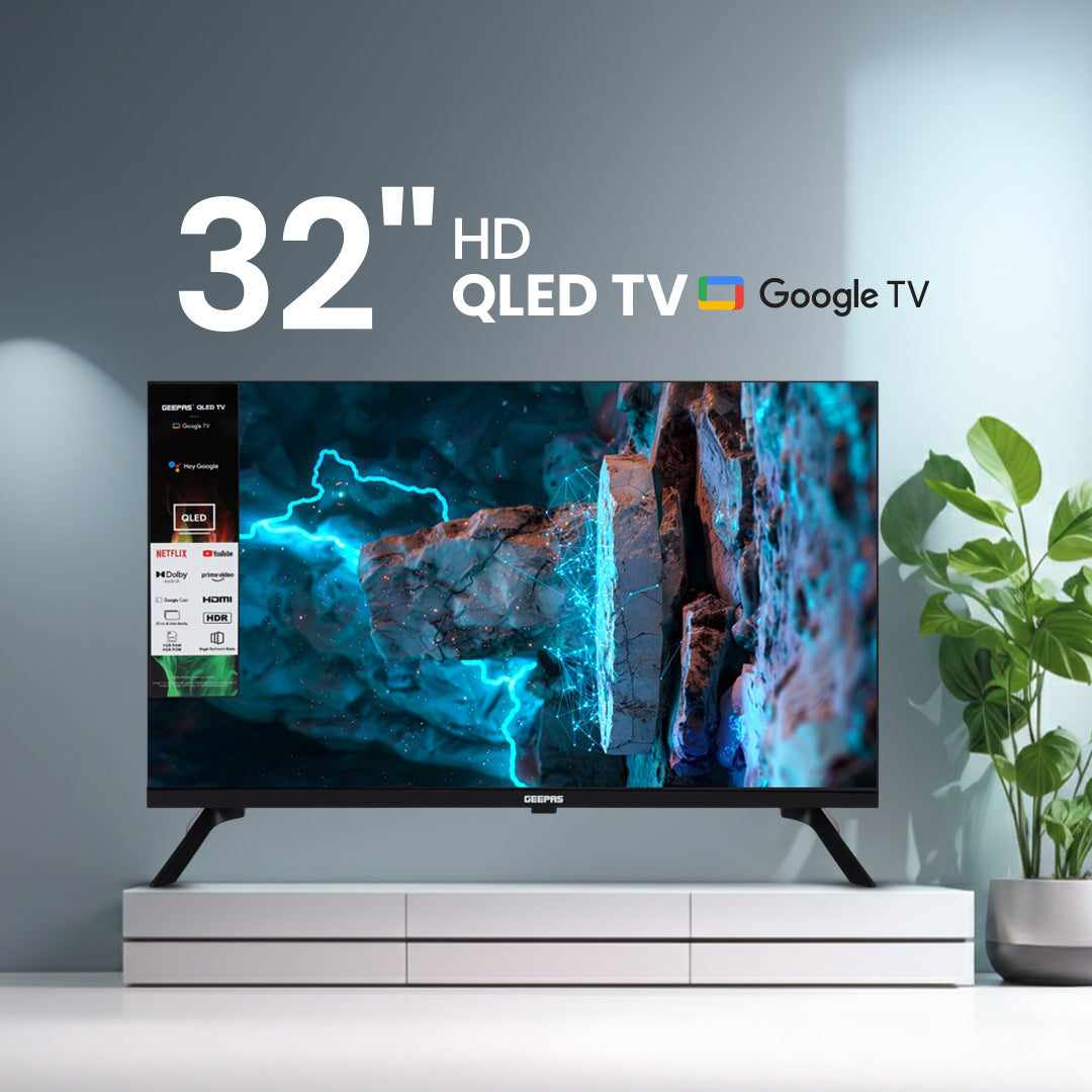 Geepas GLED3215GTQLD 32 Inch HD QLED Smart Google TV | Dolby Audio | Built-in Chromecast | HDMI & USB | 1366x768 Resolution |  Remote & Slim Design | 1-Year Warranty