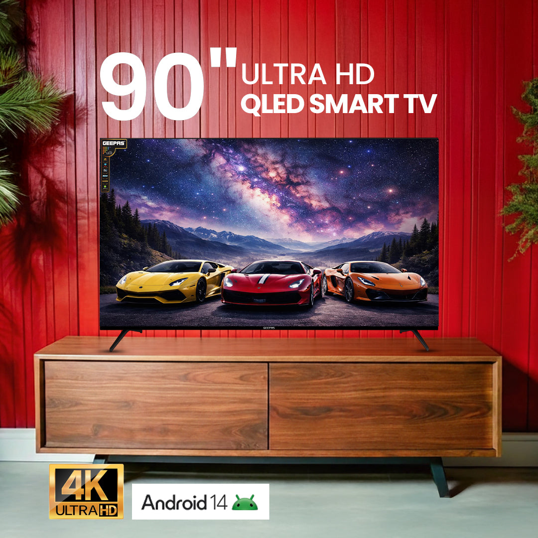 Geepas GLED9017CQLED 90”  Ultra HD QLED Smart TV |Android 14 | Frameless Design | Full Color Optimizer | 3 HDMI, 2 USB,  300cd/m² Brightness | Energy Saving Technology