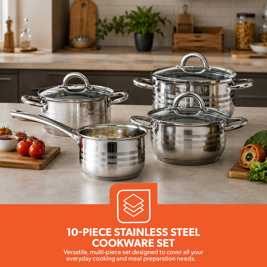 Royalford RF10390 10-Piece Stainless Steel Cookware Set with Glass Lids| Induction Compatible Encapsulated Base| Heavy-Duty Riveted Handles & Durable Satin Finish Design