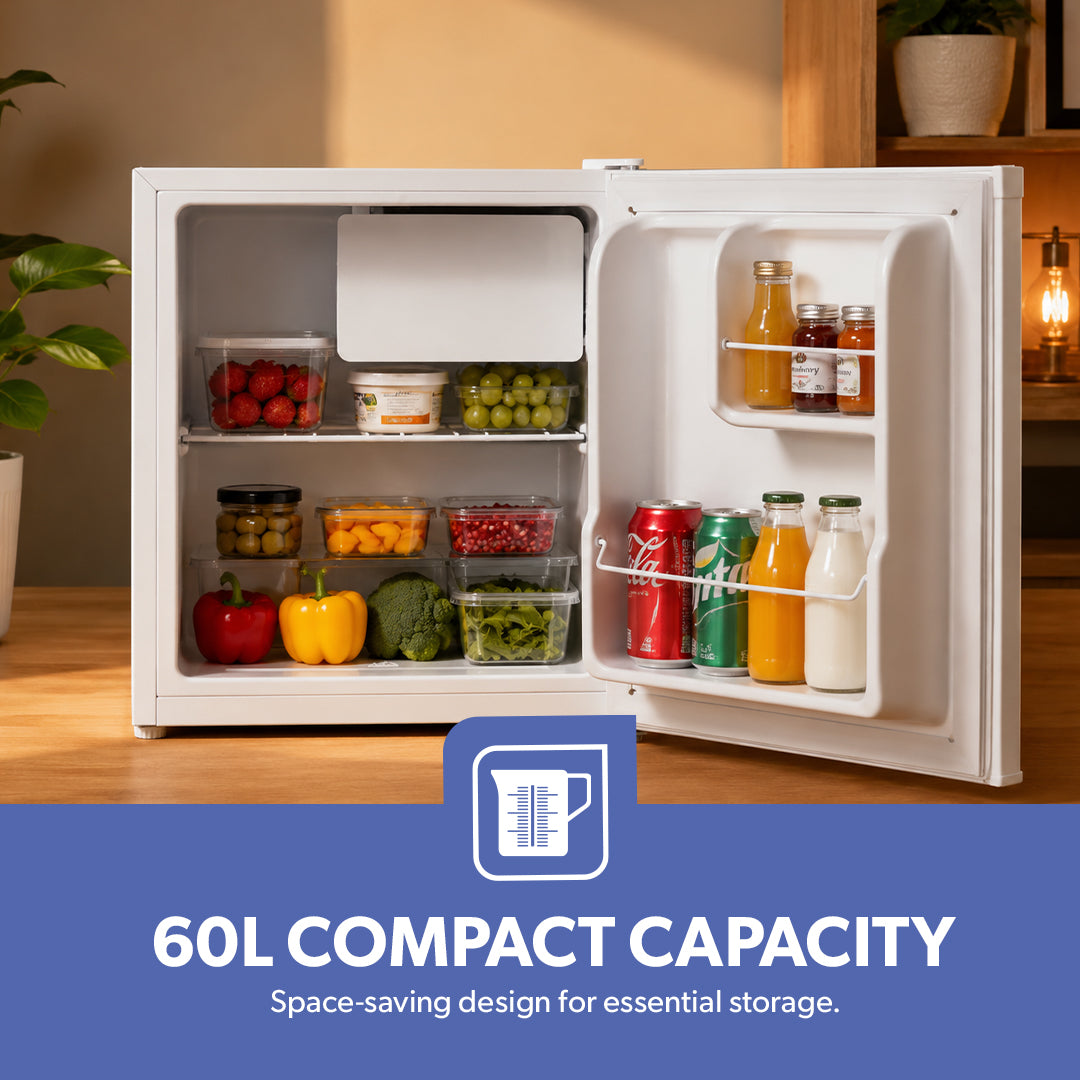 Geepas GRF654WPEN Defrost Mini Fridge | 60L Net Capacity | Compact Refrigerator | Fast cooling performance |Turbo cooling technology |Low-noise operation | Eco-friendly