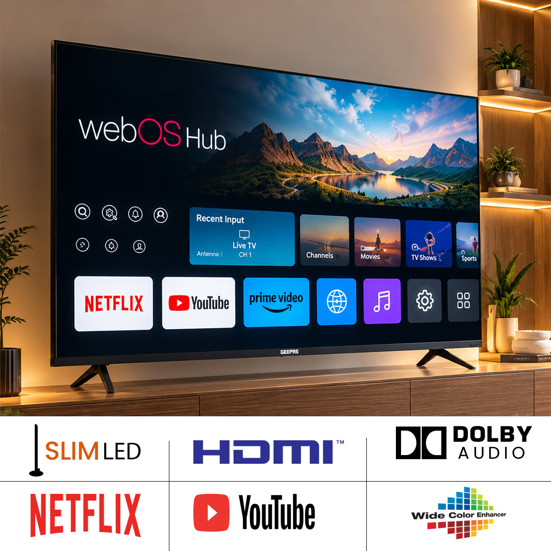 Geepas GLED7079SWUHD 70 Inch 4K Ultra HD Smart LED TV | webOS Hub| Dolby Audio| Netflix| YouTube| Prime Video| Apple AirPlay & Home | Wi-Fi, Bluetooth, 3 HDMI & 2 USB