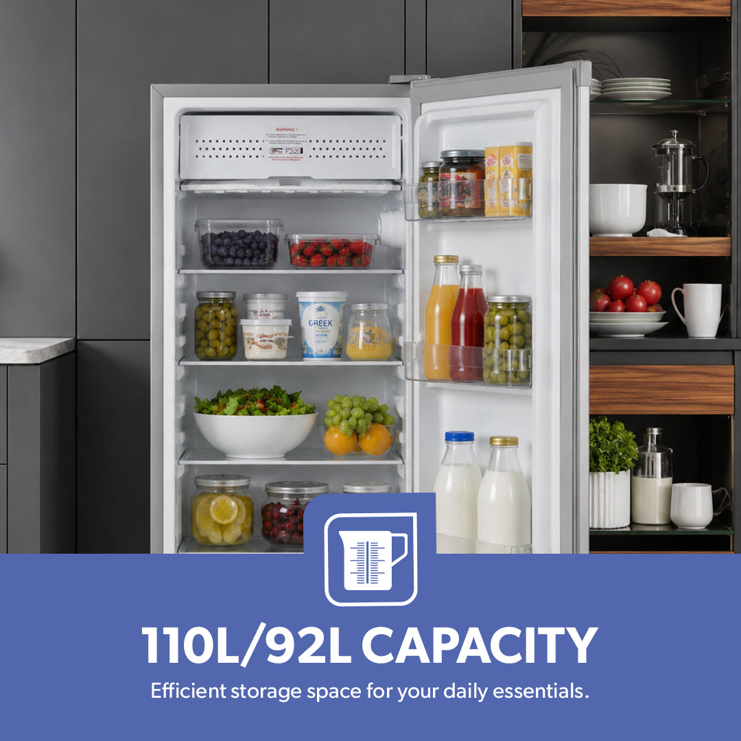 Geepas GRF119SPE 110L Single Door Defrost Refrigerator |92L Net Capacity |Quick Cooling technology |single door design | Mechanical temperature control |R600a refrigerant