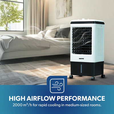 Geepas GAC9576 Air Cooler | 20L Water Tank | 80W Power | 3 Wind Speeds | 2000 m³/h Airflow | 4 Dry Ice Boxes | Automatic Swing | Manual Adjustment | 2 Years Warranty