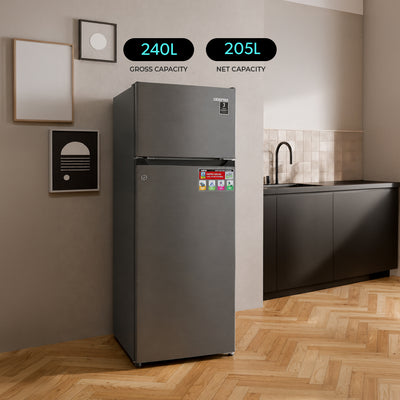 Geepas GRF2400SXE 240L Double Door Defrost Refrigerator | 205L Net Capacity | tropical compressor | Adjustable thermostat |3 durable tempered glass shelves |interior lamp