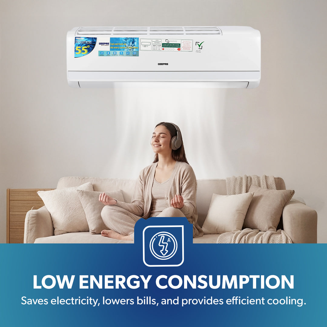 Geepas GACS1828RCA 1.5 Ton Split Type Air Conditioner | Full DC Inverter Compressor | 17400BTU Fast Cooling AC | 4D Air Flow | Self Cleaning & Golden Fin Protection