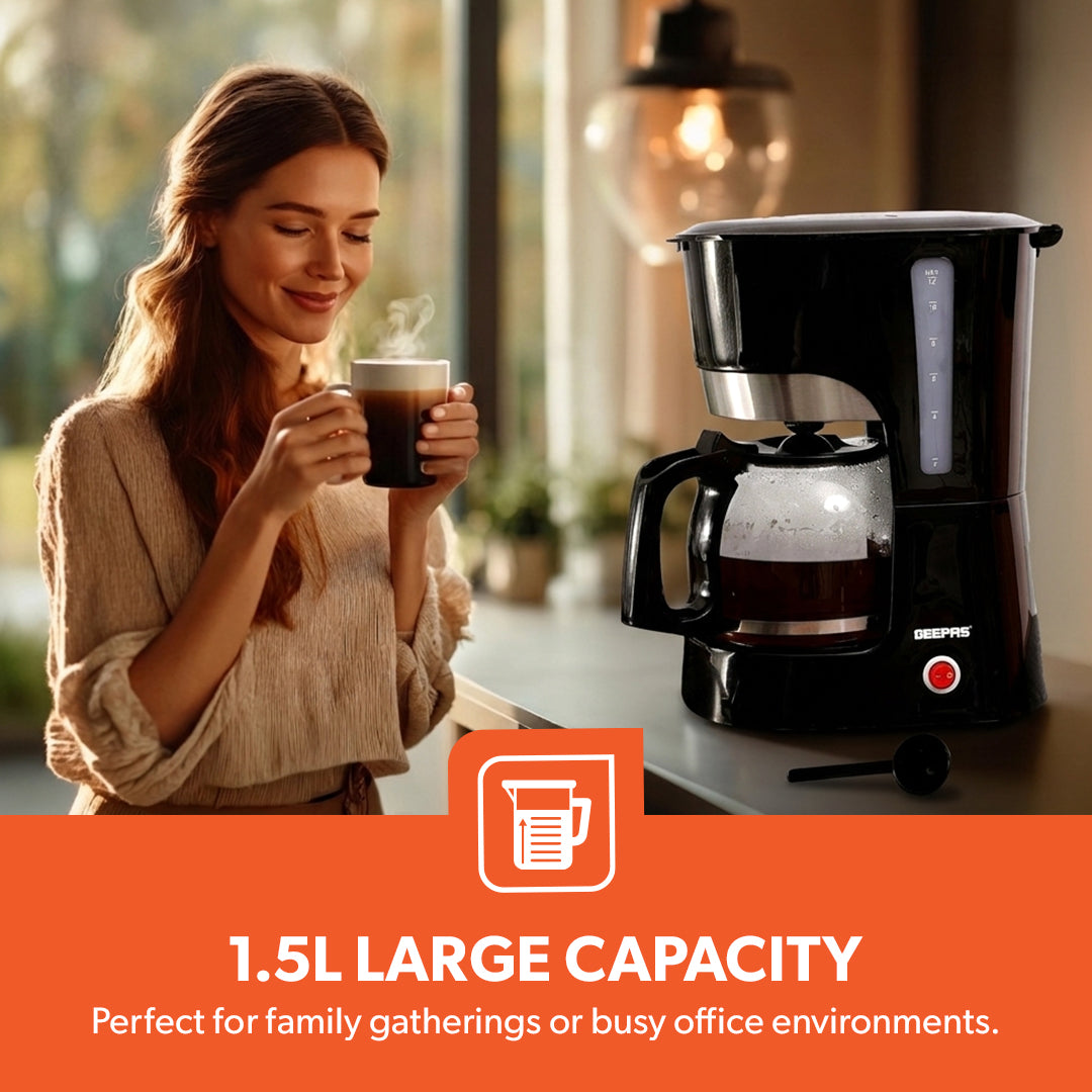 Geepas GCM6103 Coffee Maker | 1.5L Capacity| High-Temperature Glass Carafe| Permanent Nylon Filter| Transparent Water Gauge| Non-Stick Warming Plate| 1000W Power