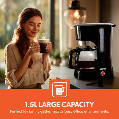 Geepas GCM6103 Coffee Maker | 1.5L Capacity| High-Temperature Glass Carafe| Permanent Nylon Filter| Transparent Water Gauge| Non-Stick Warming Plate| 1000W Power