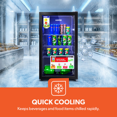 Geepas GSC1223  Showcase Chiller | Single Door Display Fridge | Low Noise, Quick Cooling | LED Light | Black Finish | Energy Efficient Beverage Cooler | 1 Year Warranty