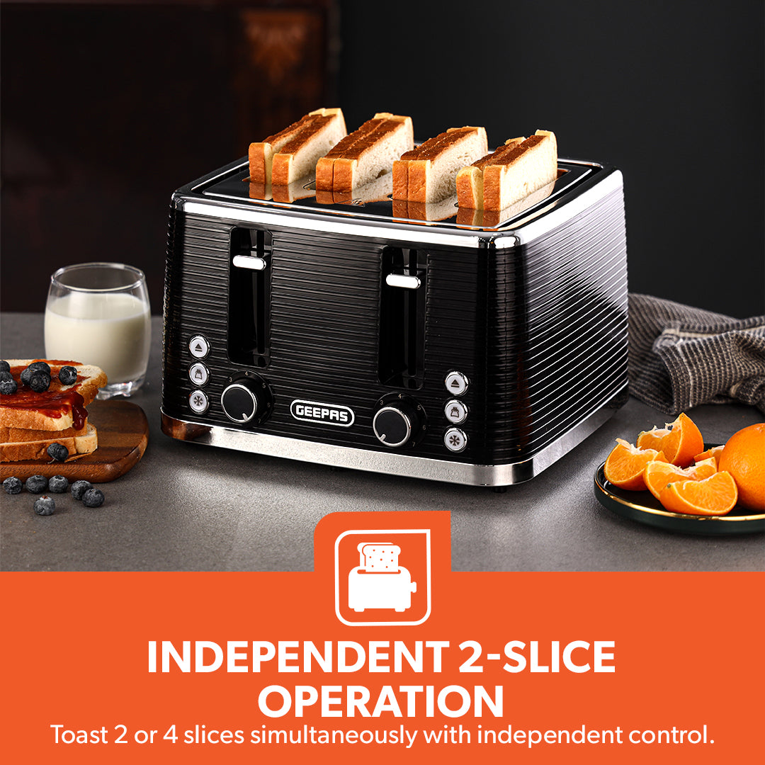 Geepas GBT36537 4-Slice Bread Toaster | 1350- 1600W Power  | Variable Browning Control | Dual Control Panels | Cancel, Defrost & Reheat Functions |  2 Years Warranty