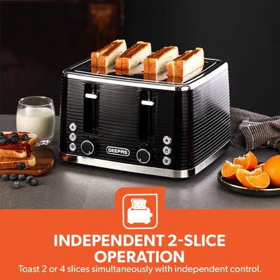 Geepas GBT36537 4-Slice Bread Toaster | 1350- 1600W Power  | Variable Browning Control | Dual Control Panels | Cancel, Defrost & Reheat Functions |  2 Years Warranty