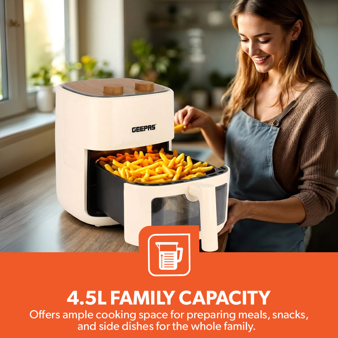Geepas GAF37536UK Air Fryer  4.5L with Vortex Air Technology |  Visual Cooking Window  | 30 Minute Timer |  Oil-Free Cooking and Multi-Function Food Preparation