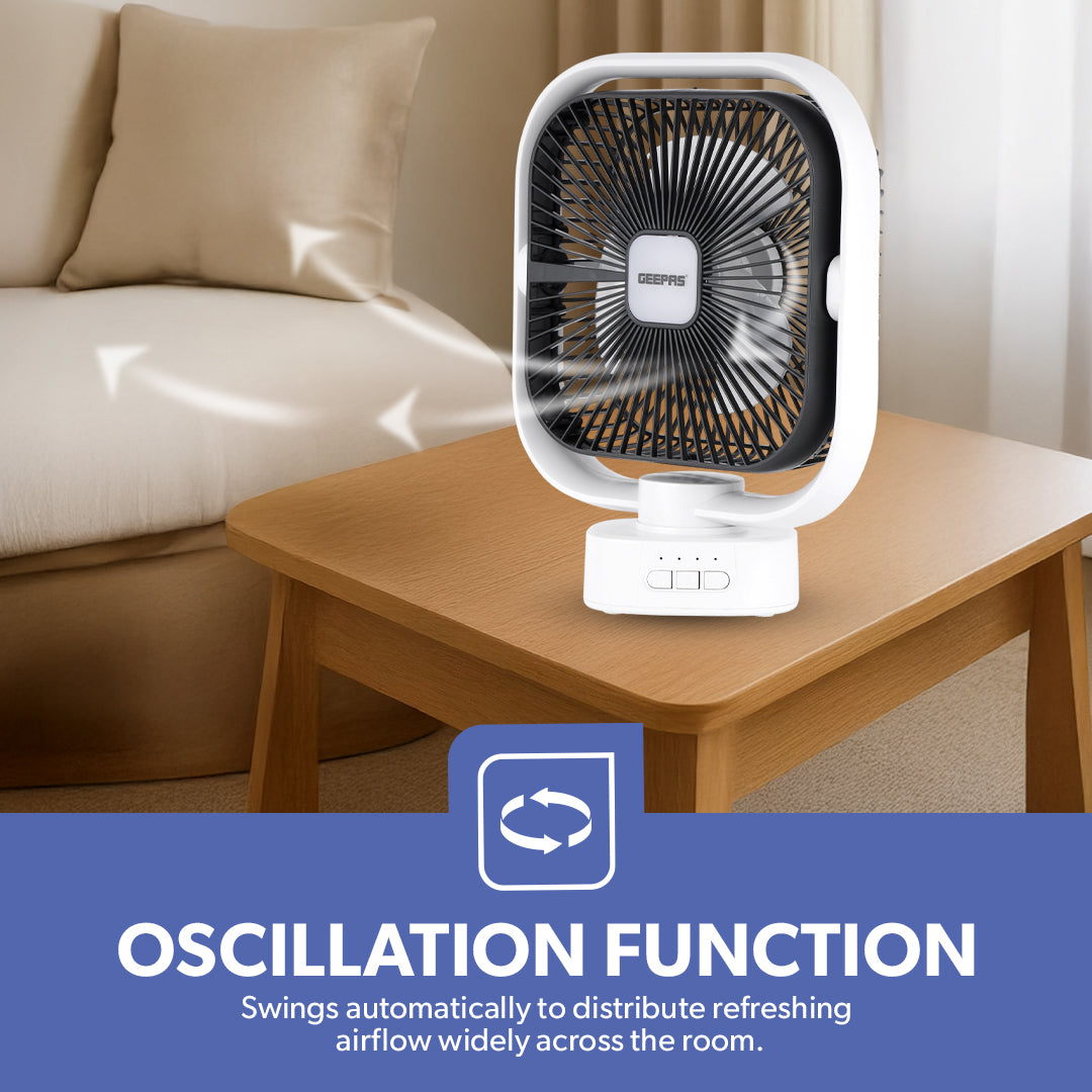 Geepas GF21122 8-Inch Oscillating LED Table Fan | Rechargeable AC/DC Function| 2x1500mAh Lithium Battery| Two-Level LED Light| 9 Hours Working Time| 2 Years Warranty