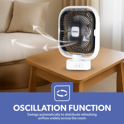 Geepas GF21122 8-Inch Oscillating LED Table Fan | Rechargeable AC/DC Function| 2x1500mAh Lithium Battery| Two-Level LED Light| 9 Hours Working Time| 2 Years Warranty