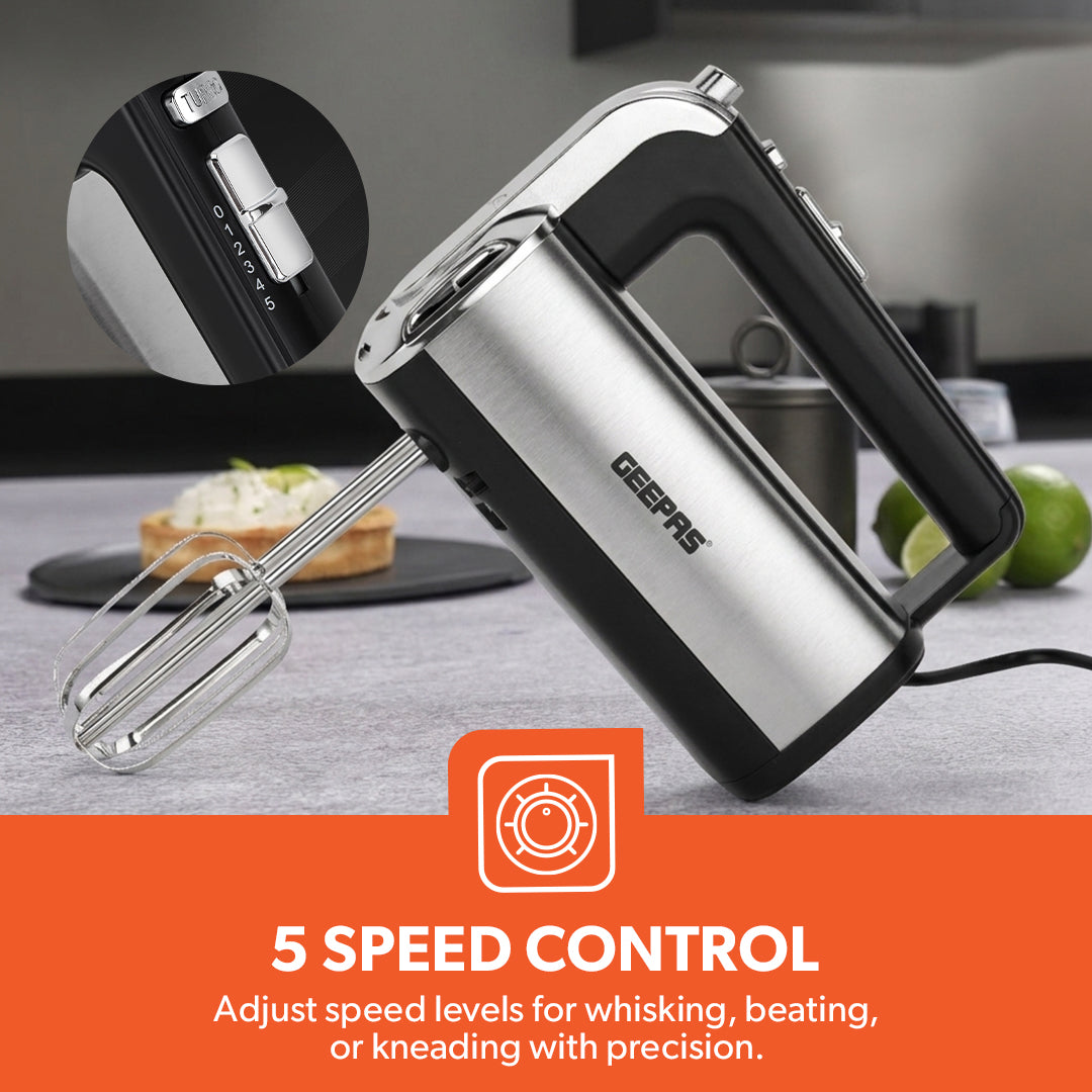 Geepas Hand Mixer GHM2001 | 400W Powerful Electric Hand Mixer| 5 Speed Control| Turbo Function| Stainless Steel Beaters| Lightweight Design| Easy to Use| 2 Years Warranty