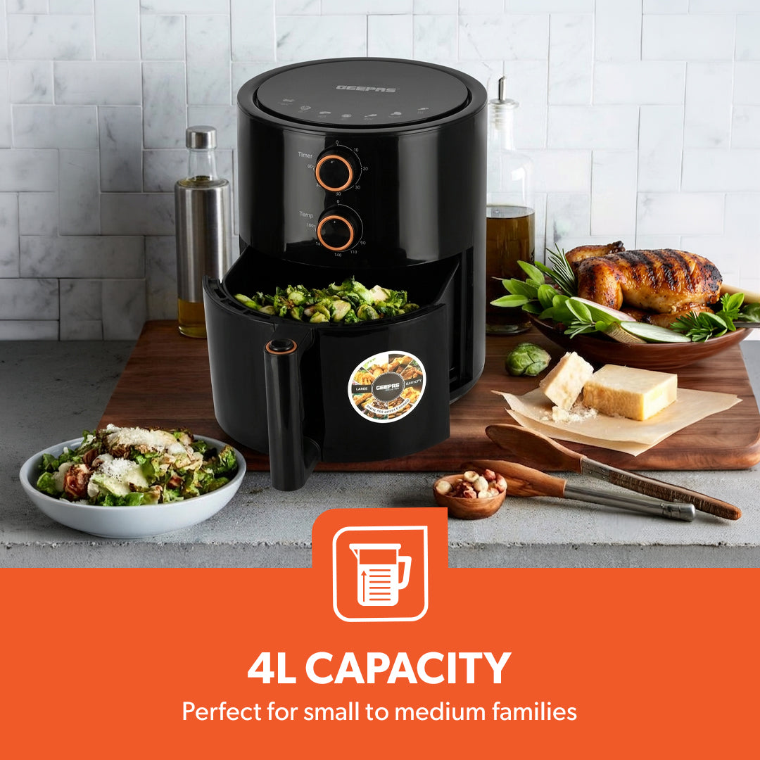 Geepas Air Fryer- GAF37513/ 4.0 L Pot, Non-Stick Coating, with Vortex Frying Technology/ Multiple Function, 1-60 Min Timer, Temperature 80-200 Degree Celsius, Black