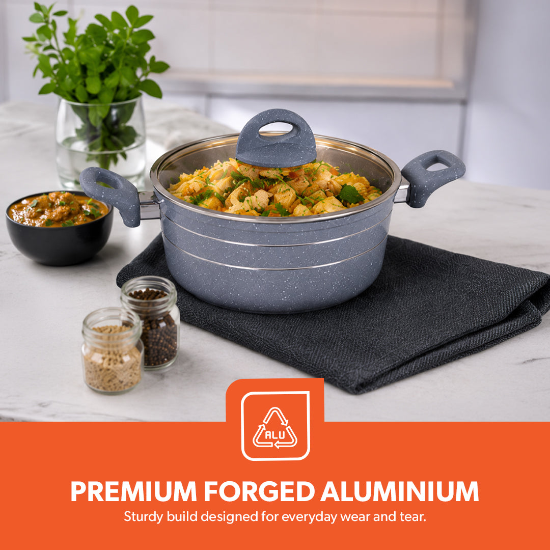 Royalford RF9555 Smart Granite 9 PCS Forged Aluminium Cookware Set with Lids | Durable Design | Marble Coated Interior | 3.8mm Induction Base | Soft Touch Handles