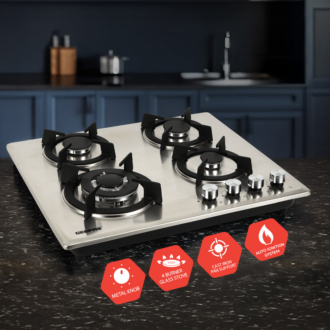 Geepas Built-In Gas Hob GGC31026 | 4 Burner Stainless Steel Gas Stove with Auto Ignition| Durable Cast Iron Pan Support | Easy-to-Clean Design & 2 Years Warranty