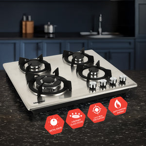 Geepas Built-In Gas Hob GGC31026 | 4 Burner Stainless Steel Gas Stove with Auto Ignition| Durable Cast Iron Pan Support | Easy-to-Clean Design & 2 Years Warranty